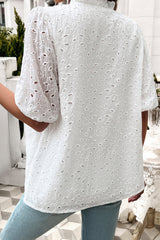 White Frill Neck Puff Sleeve Button Eyelet Blouse