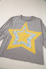 Medium Grey Floral Star Patched Exposed Seam Mineral Wash Top