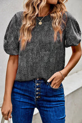 Black Dotted Puff Sleeve Round Neck Blouse