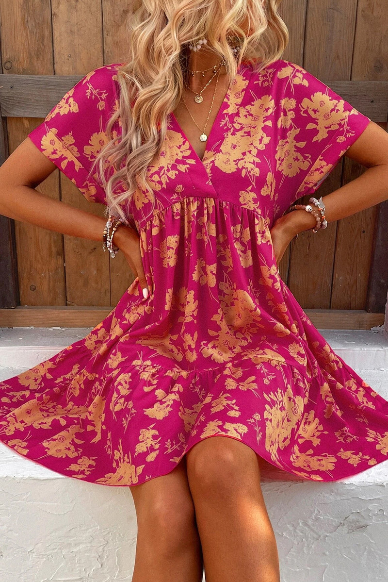 Rose Floral Short Sleeve Surplice Neck Ruffled Mini Dress