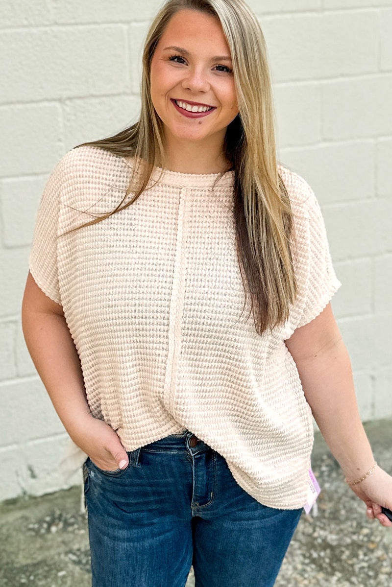 Beige Waffle Exposed Seam Plus Size Short Sleeve Top