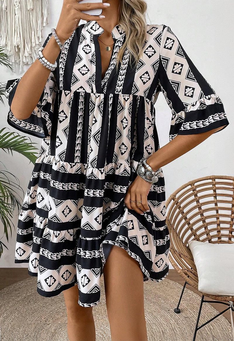 Black Abstract Print Bell Sleeve V Neck Boho Dress