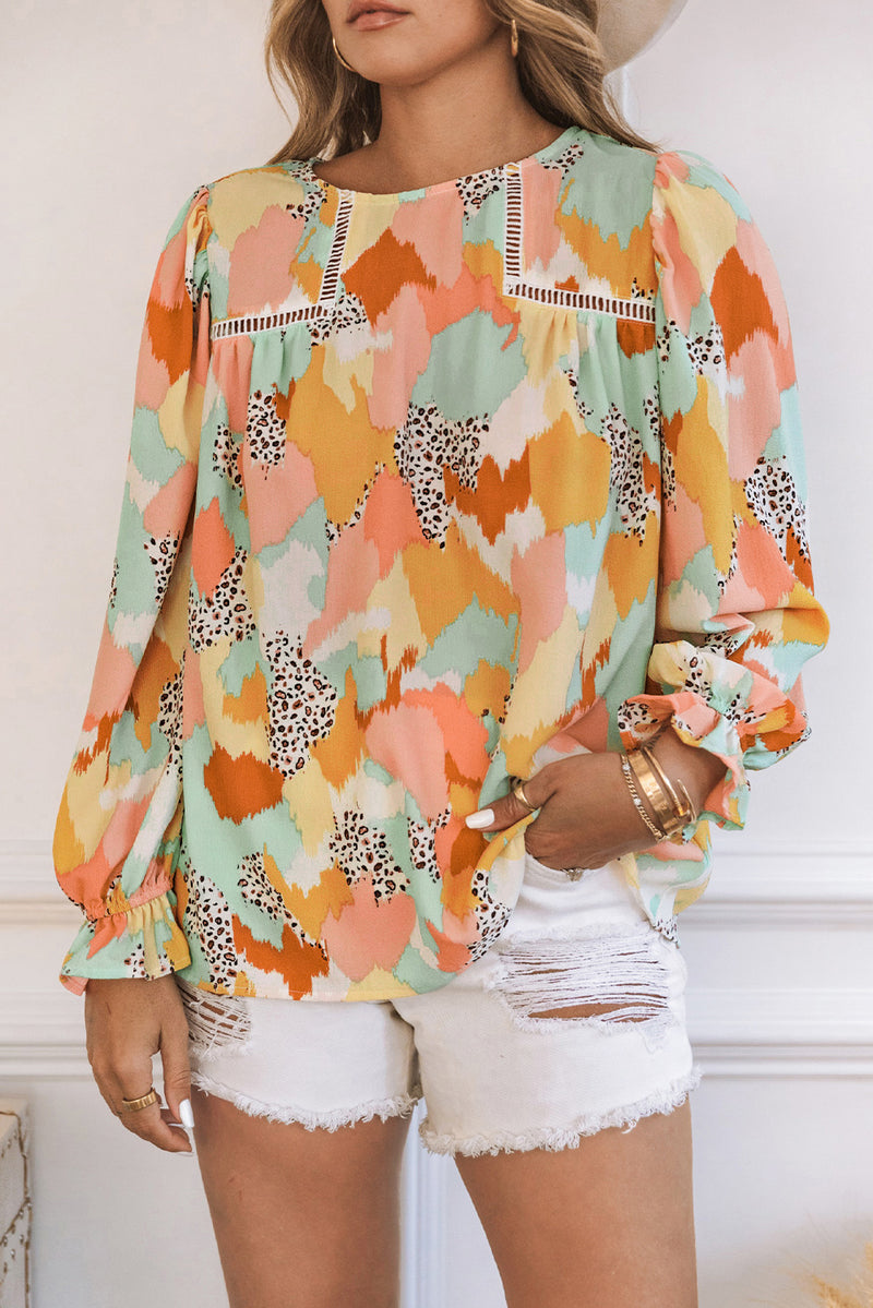 Multicolor Abstract Print Boho Ruffle Puff Sleeve Blouse