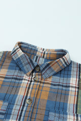 Green Plaid Colorblock Casual Pockets Button Up Shacket