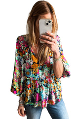 Multicolour Boho Floral V Neck Lantern Sleeve Blouse