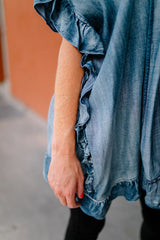 Dusk Blue Half Sleeve Ruffle Edge Chambray Open Kimono