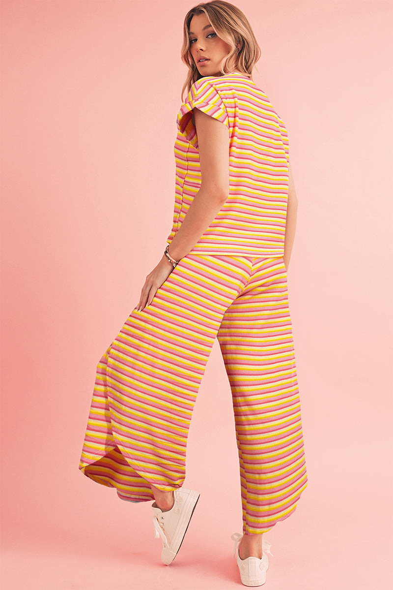 Yellow Stripe Rainbow Tee and Tassel Drawstring Wide Leg Pants Set