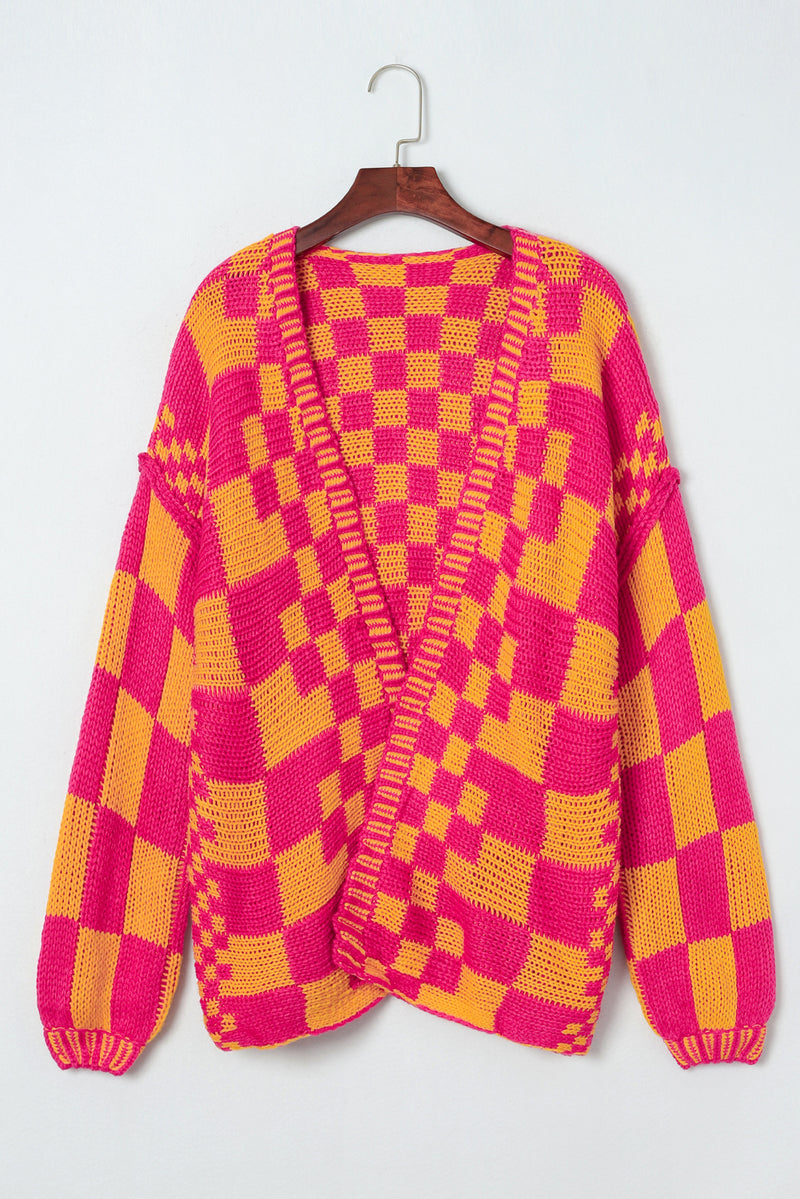 Rose Red Colorblock Checked Open Front Knitted Cardigan