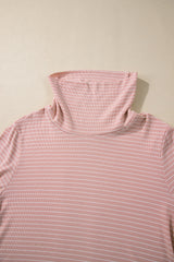 Pink Stripe Cowl Neck Side Slits Loose Fit Long Sleeve Top