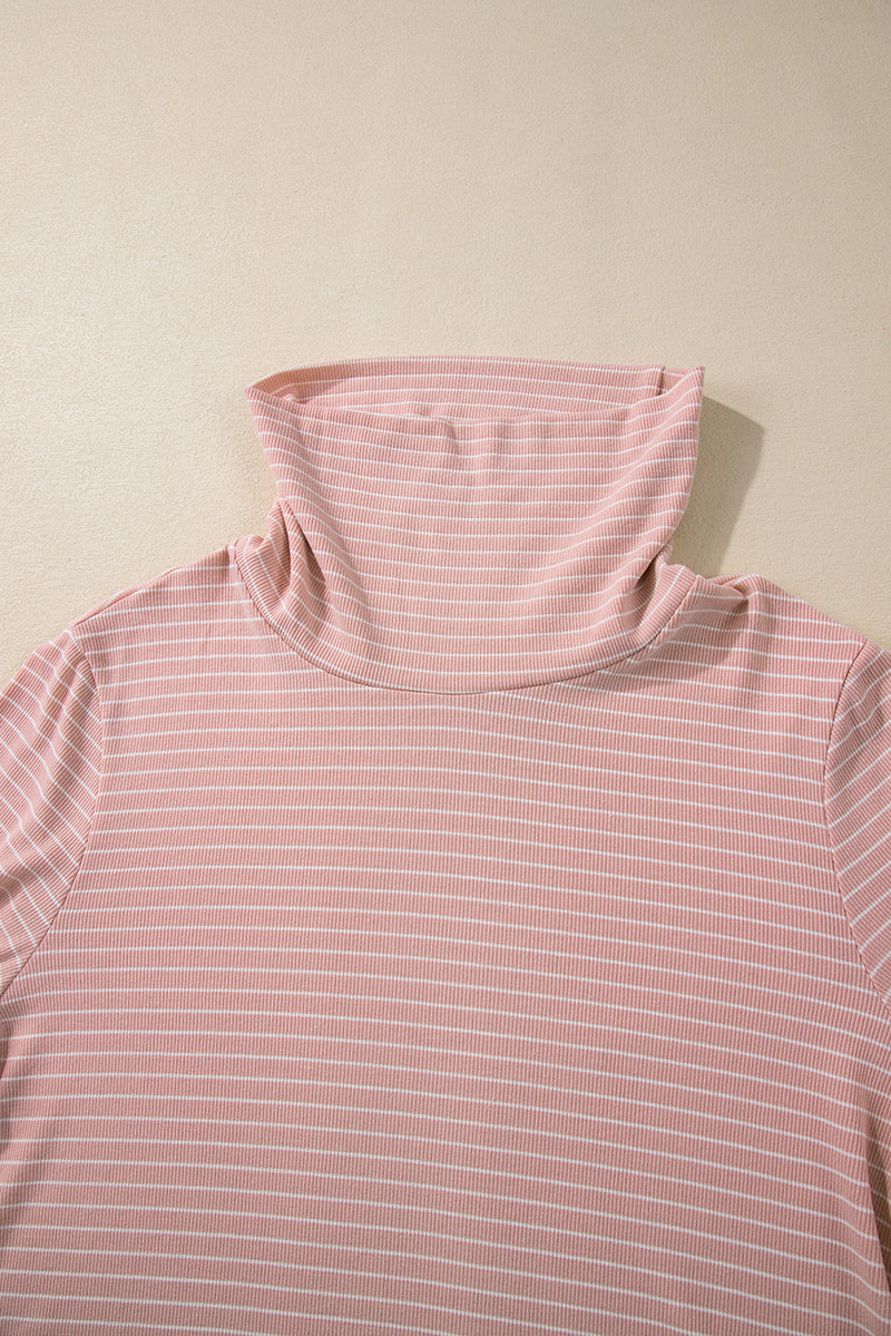 Pink Stripe Cowl Neck Side Slits Loose Fit Long Sleeve Top