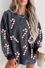 Gray Xmas Candy Cane Sequins Graphic Corded Sweatshirt