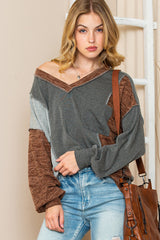 Brown Exposed Seam Patchwork V Neck Long Sleeve Top