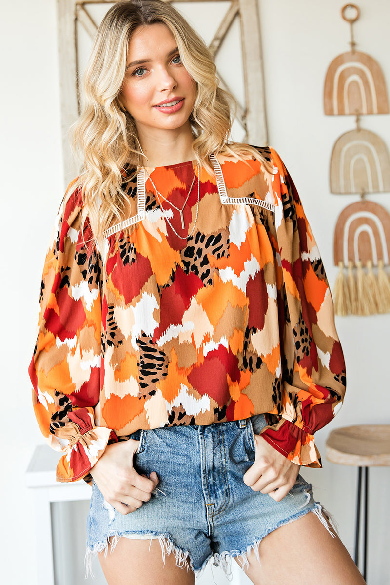 Multicolor Abstract Print Boho Ruffle Puff Sleeve Blouse