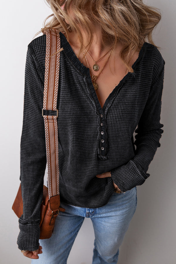 Black Patchwork V Neck Waffle Henley Top