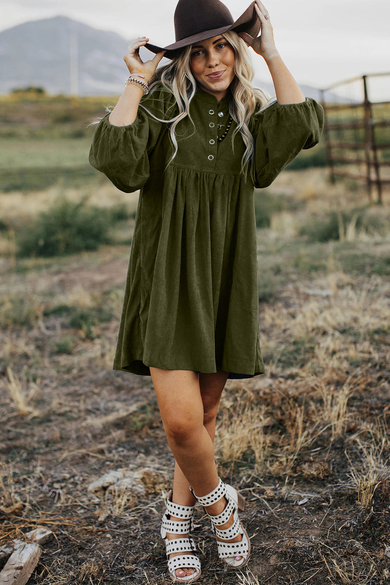 Vineyard Green Snap Button Empire Waist Lantern Sleeve Corduroy Dress