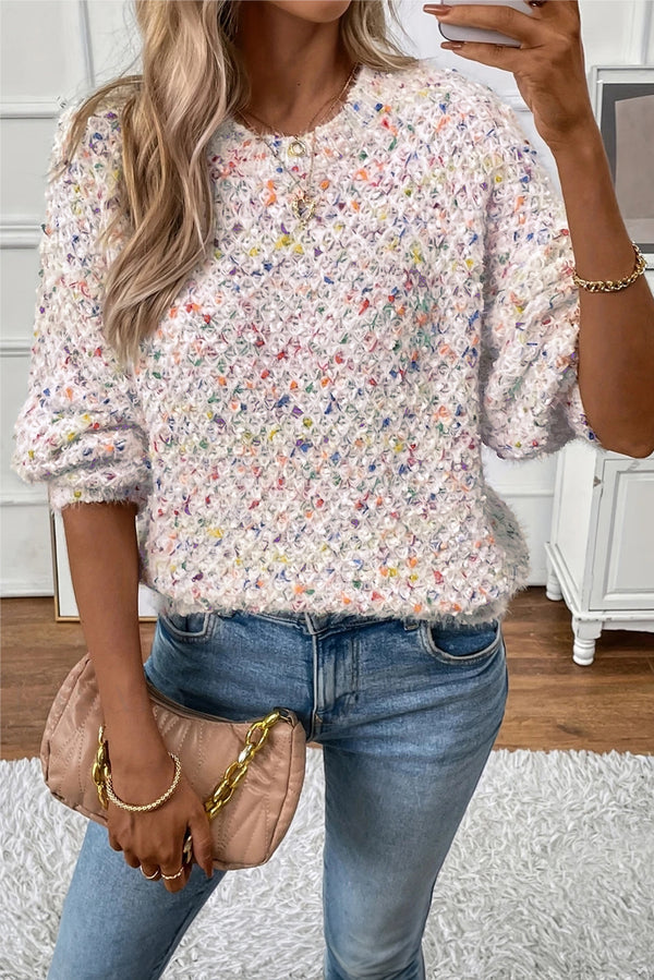 White Colorful Confetti Knit Lantern Sleeve Sweater