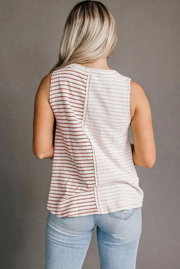 Brown Striped Center Seamed Patchwork Tank Top