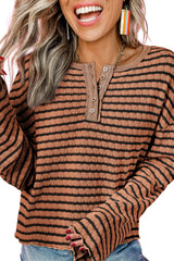 Brown Stripe Textured Long Sleeve Henley Top