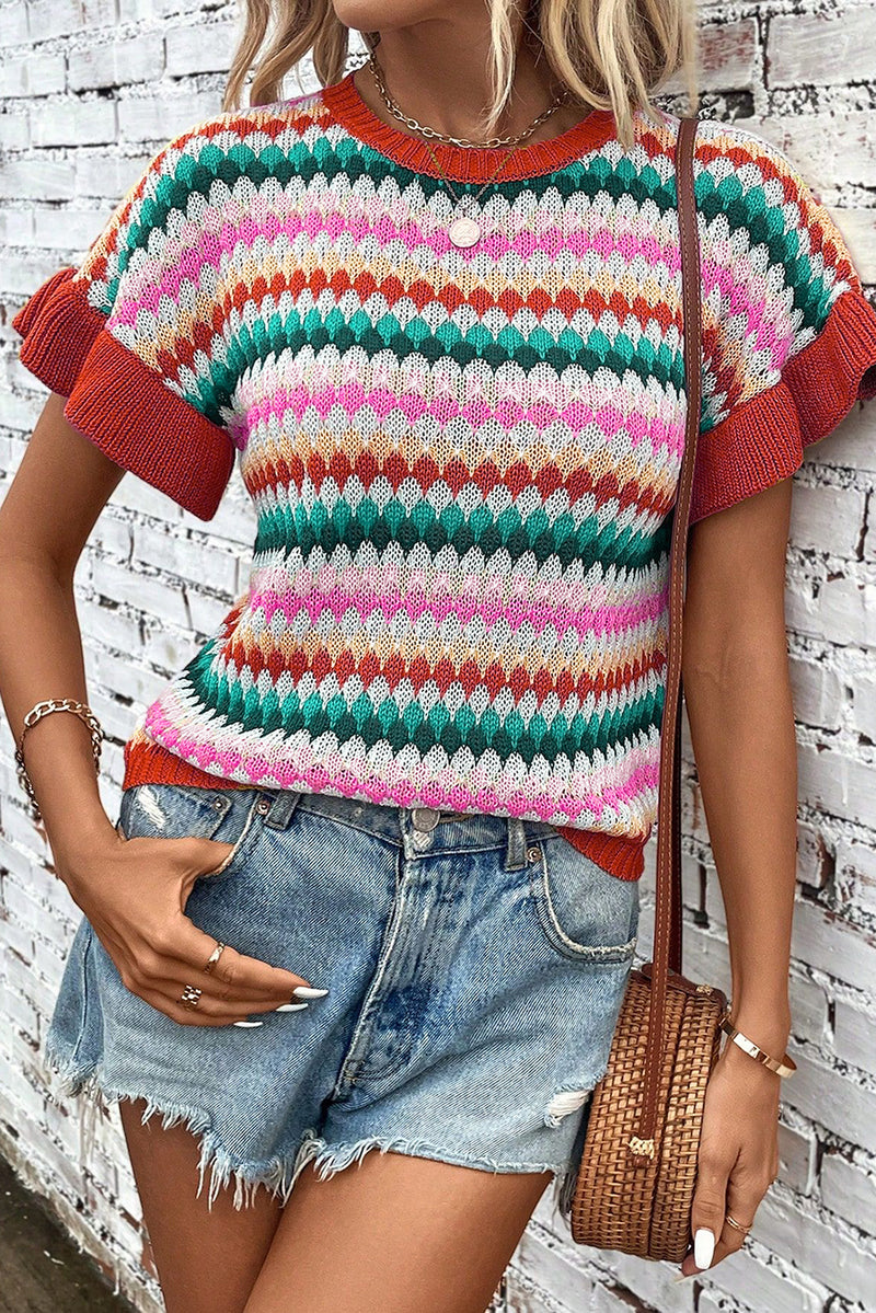 Fiery Red Colorblock Striped Ruffle Sleeve Knit Top