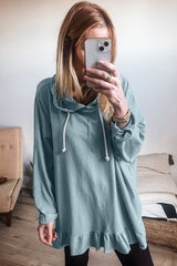 Iceland Blue Solid Ruffled Hem Loose Fit Tunic Hoodie