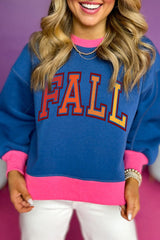 Blue FALL Graphic Color Block Bubble Sleeve Pullover Sweatshirt