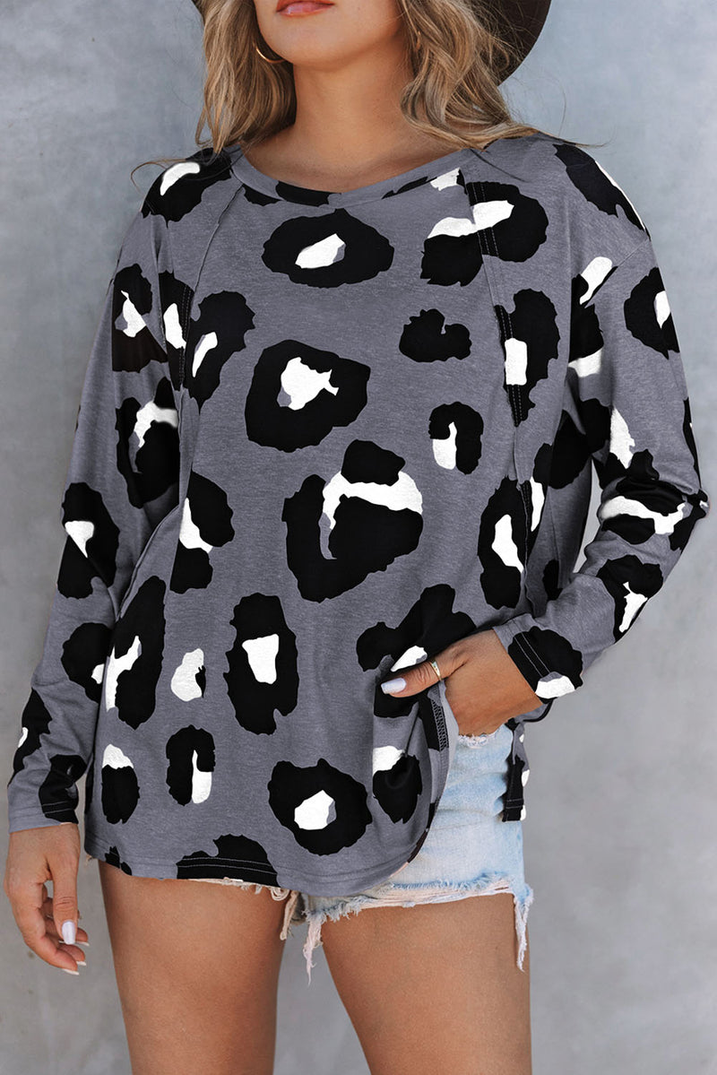 White Leopard Print Casual Loose Long Sleeve Top