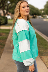 Aruba Blue Colorblock Patchwork Plus Sweatshirt