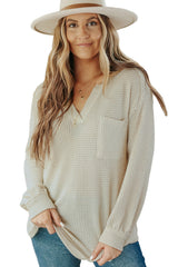 Beige Split V Neck Patch Pocket Waffle Knit Long Sleeve Top