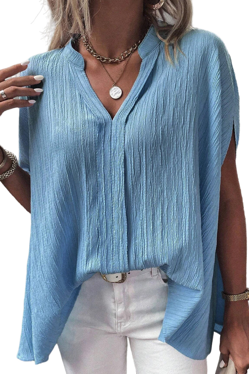 Dusk Blue V Neck Crinkle Dolman Blouse