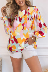 Multicolor Abstract Print Boho Ruffle Puff Sleeve Blouse