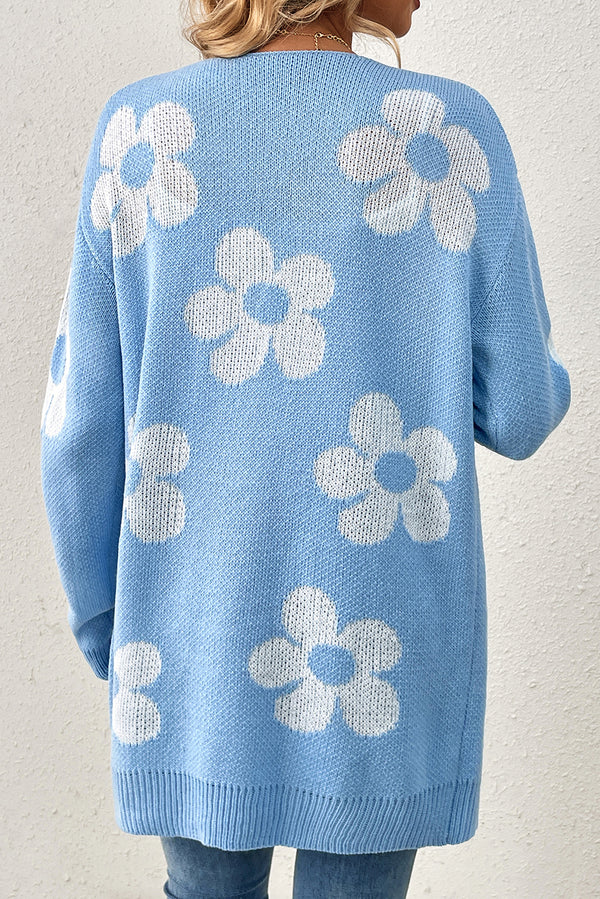 Light Blue Boho 60s Flower Open Front Long Cadigan