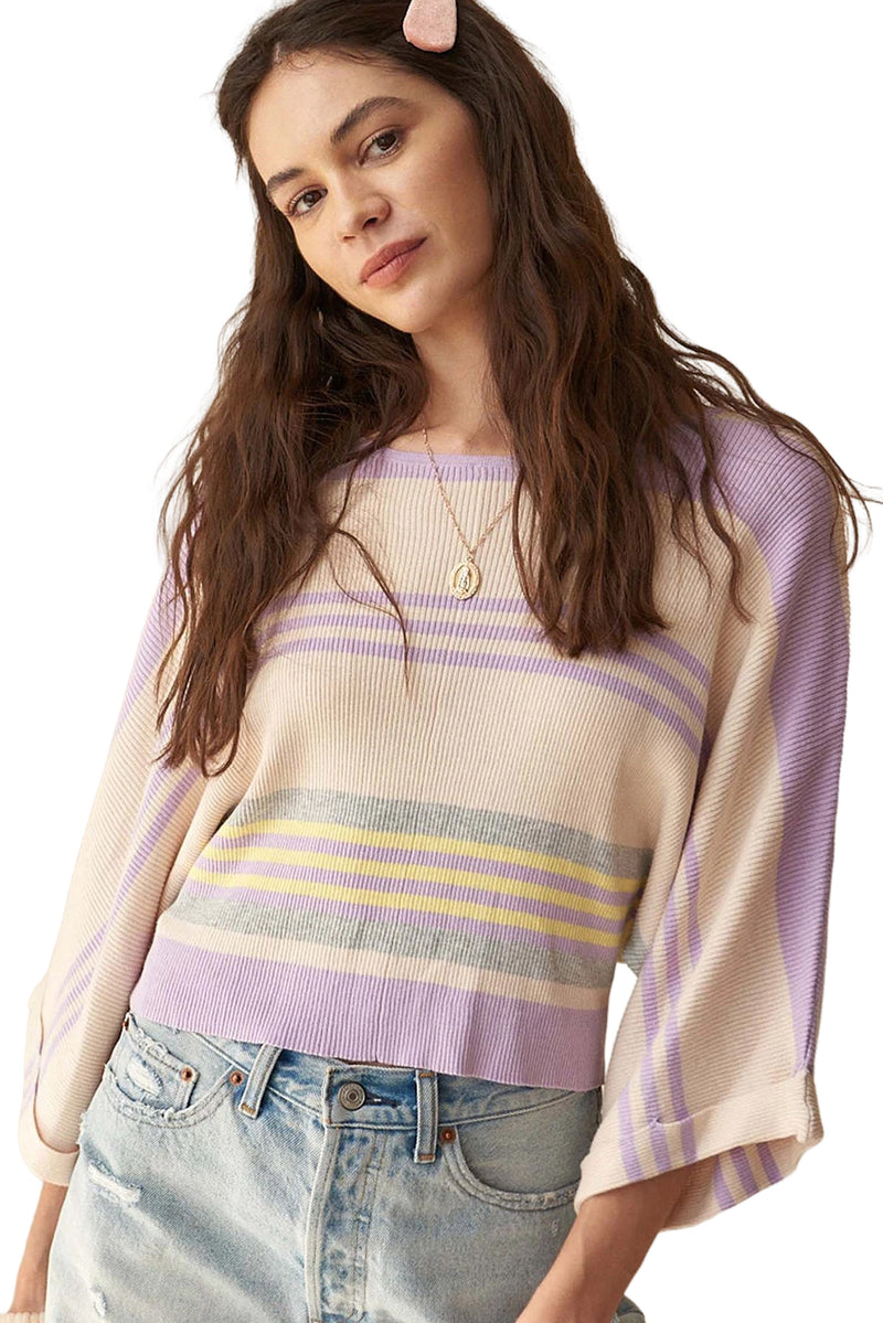 Purple Striped Rib-Knit Cropped Top