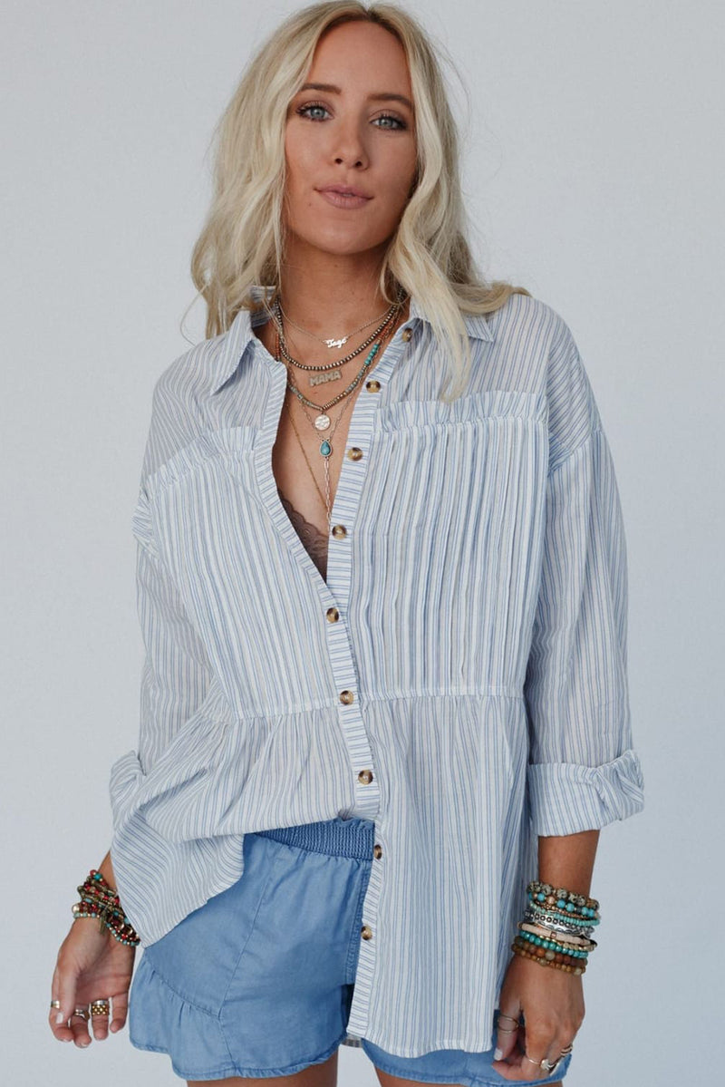 Sky Blue Striped Pleated Long Sleeve Peplum Shirt