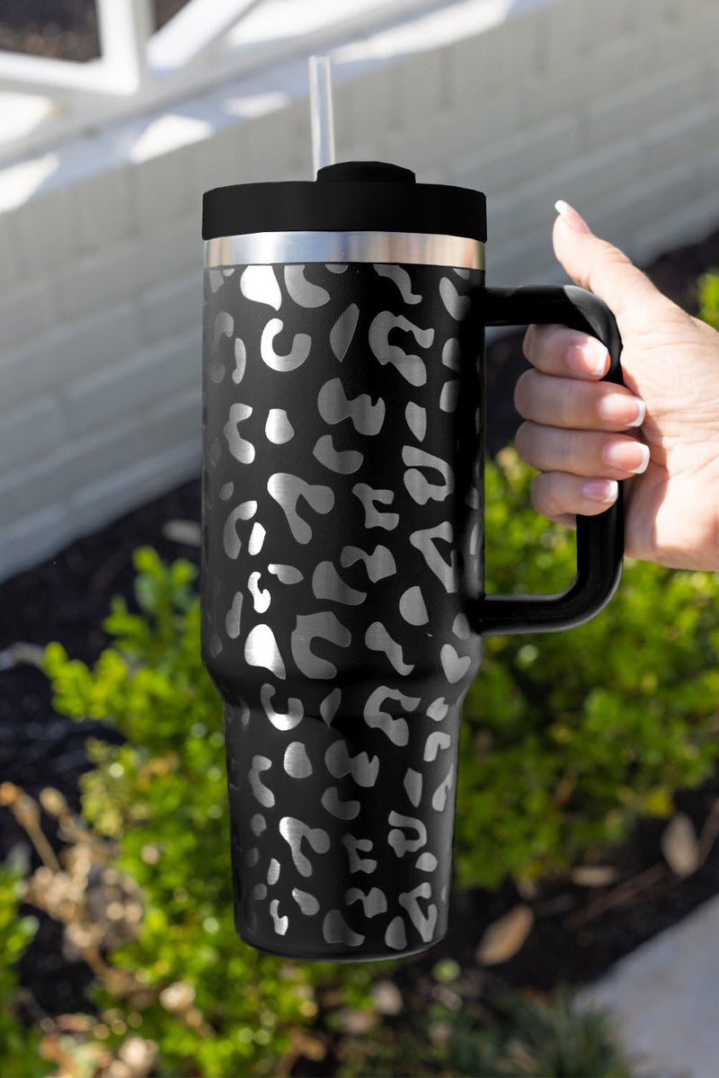 Green 40oz Stainless Steel Portable Leopard Tumbler Mug With Handle