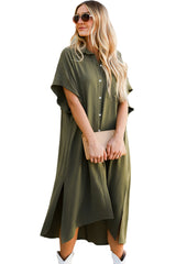 Jungle Green Loose High Low Side Slits Short Sleeve Shirt Dress