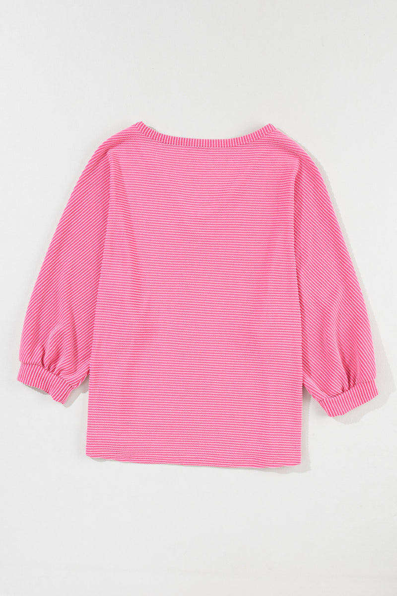 Strawberry Pink Ribbed Striped V Neck Bracelet Sleeve Top