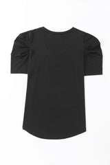 Green Solid Puff Sleeve Casual V Neck T-Shirt