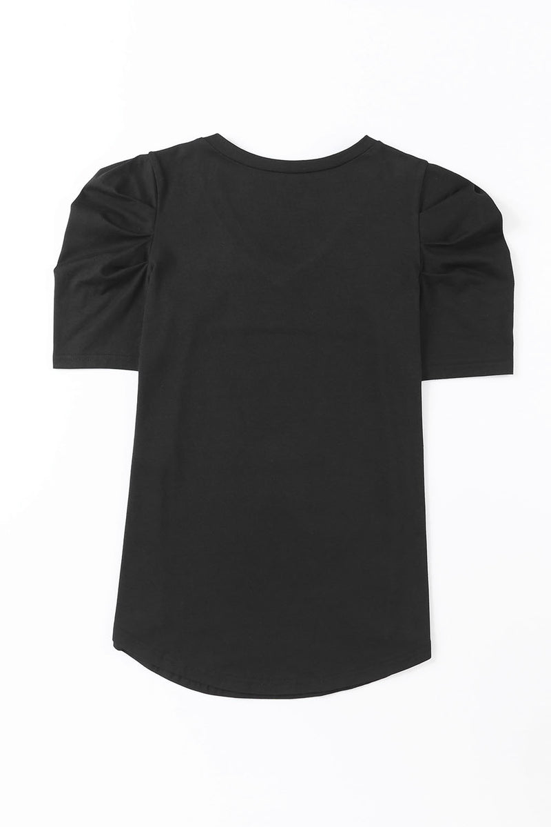 Green Solid Puff Sleeve Casual V Neck T-Shirt