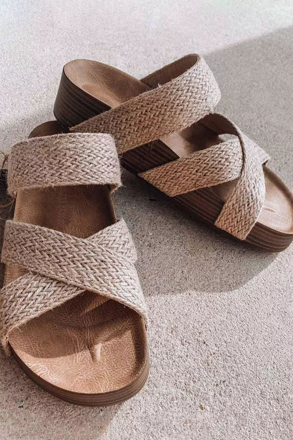 Beige Woven Criss Cross Strap Platform Slides Shoes