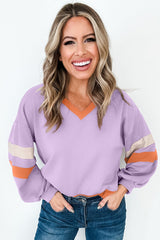 Orchid Rib Patchwork Drop Shoulder V Neck Sweatshirt