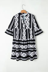 Black Abstract Print Bell Sleeve V Neck Boho Dress