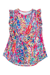 Rosy Boho Abstract Print Ruffle Babydoll Sleeveless Shirt