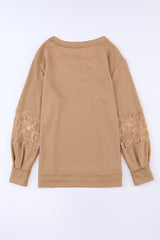 Apricot Lace and Waffle Knit Crisscross Straps V Neck Long Sleeve Top