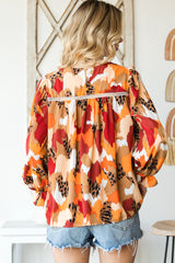 Multicolor Abstract Print Boho Ruffle Puff Sleeve Blouse