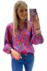 Multicolor Abstract Floral Long Puff Sleeve Shirt