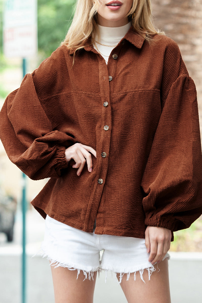 Coffee Corduroy Button Up Lantern Sleeve Jacket