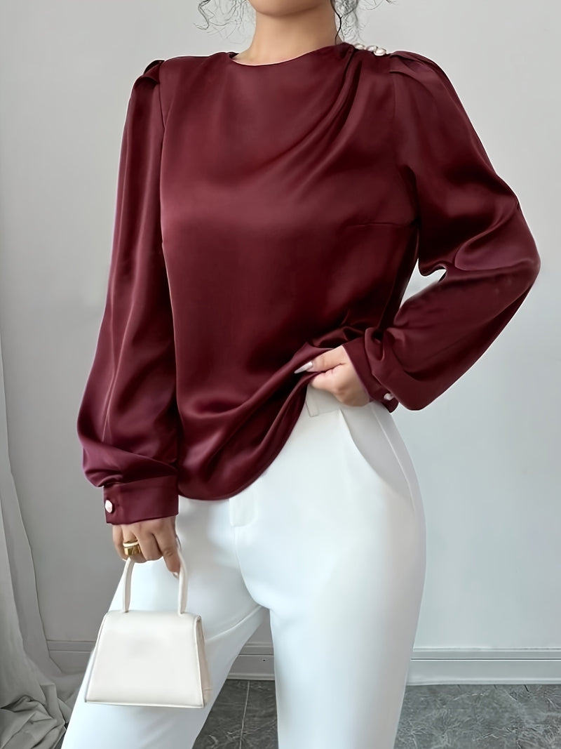 Ruched Round Neck Long Sleeve Blouse