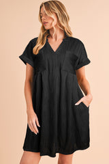 Black Crinkled Short Sleeve V Neck Flowy Dress