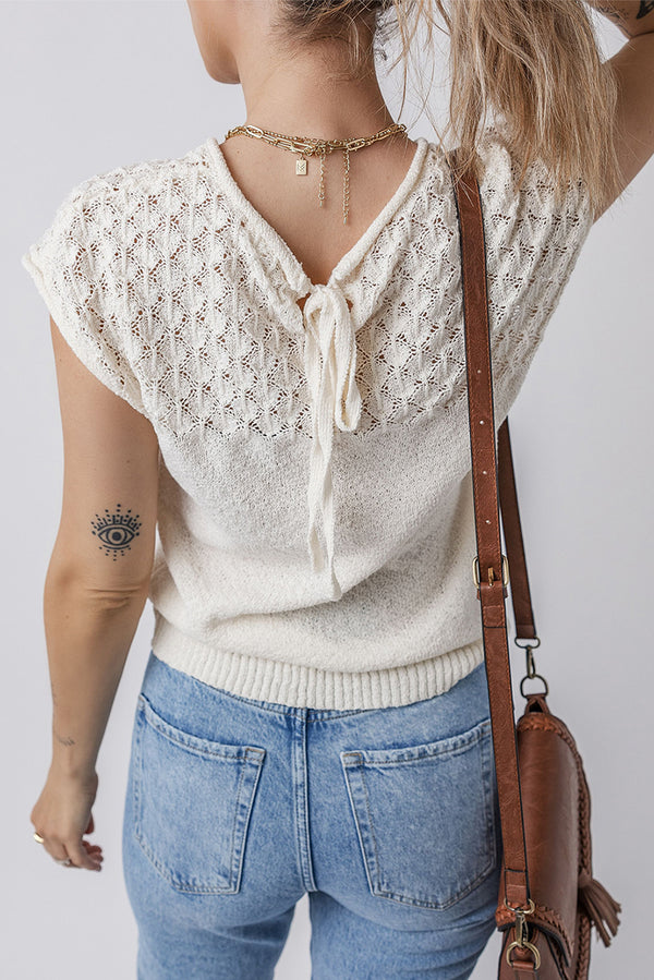 White Plain Knotted Back Crochet Knit Top