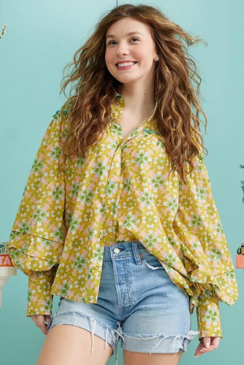 Green Boho Floral Frill Detail Long Sleeve Shirt